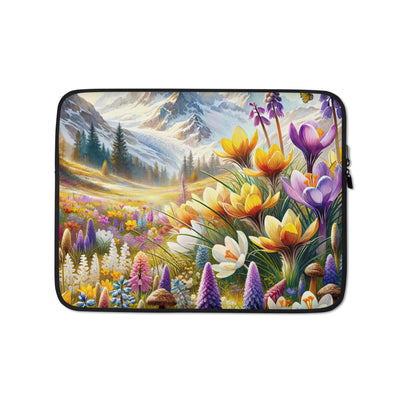 Aquarell einer ruhigen Almwiese, farbenfrohe Bergblumen in den Alpen - Laptophülle berge xxx yyy zzz 13″