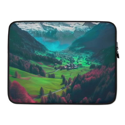 Berglandschaft und Dorf - Fotorealistische Malerei - Laptophülle berge xxx 15″