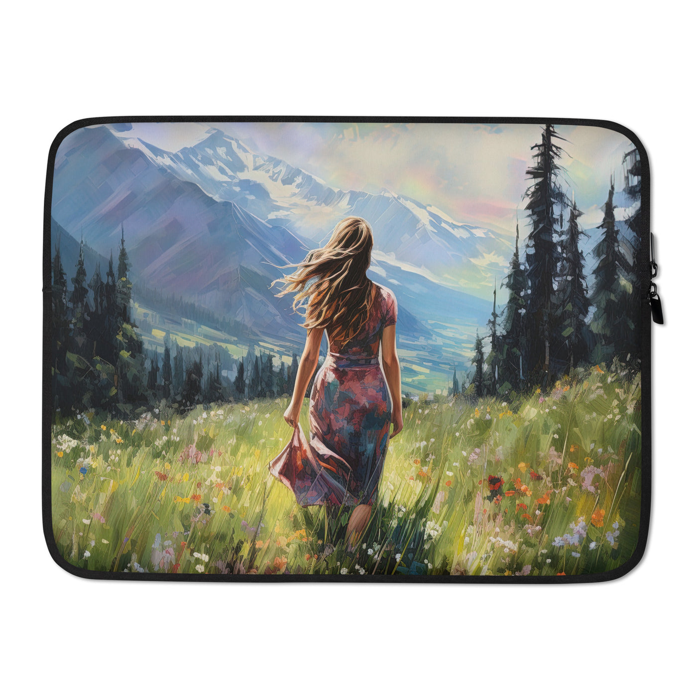 Frau mit langen Kleid im Feld mit Blumen - Berge im Hintergrund - Malerei - Laptophülle berge xxx 15″