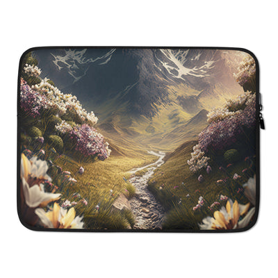Epischer Berg, steiniger Weg und Blumen - Realistische Malerei - Laptophülle berge xxx 15″