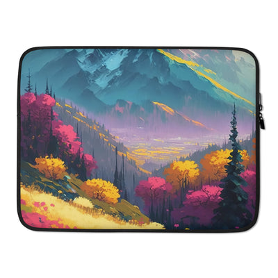 Berge, pinke und gelbe Bäume, sowie Blumen - Farbige Malerei - Laptophülle berge xxx 15″