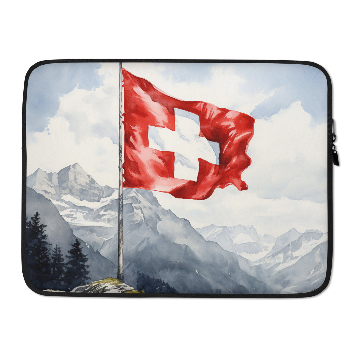 Schweizer Flagge und Berge im Hintergrund - Epische Stimmung - Malerei - Laptophülle berge xxx 15″