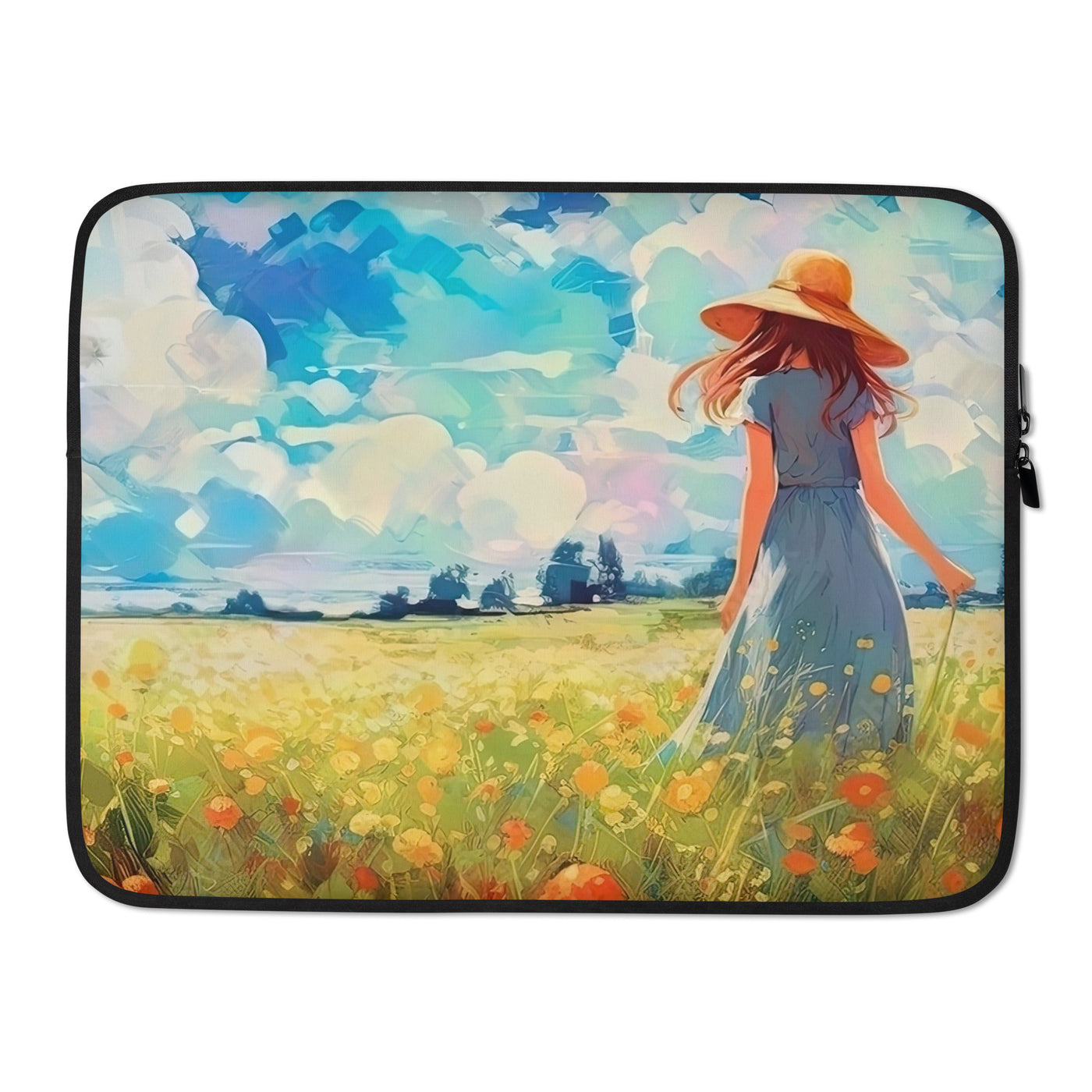 Dame mit Hut im Feld mit Blumen - Landschaftsmalerei - Laptophülle camping xxx 15″