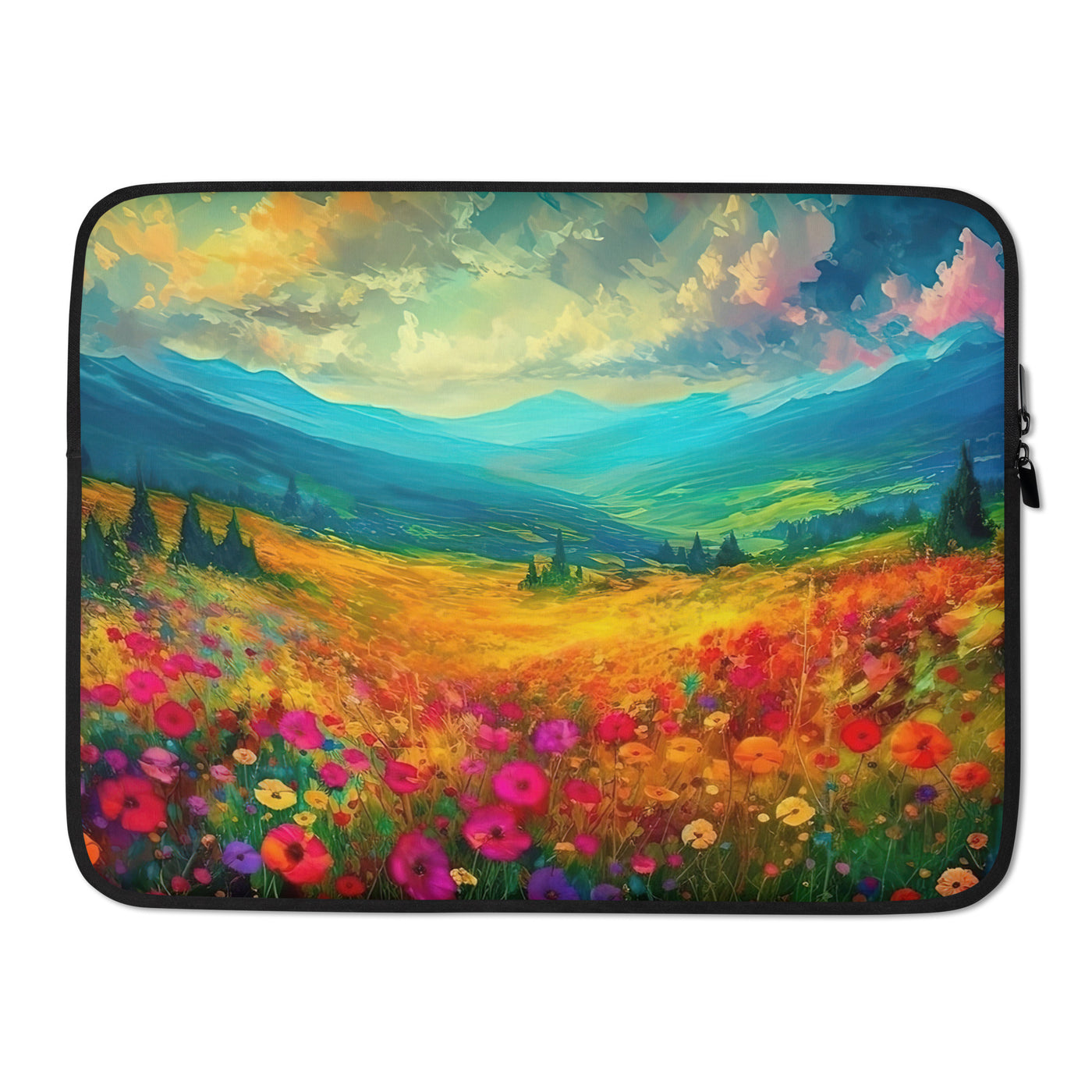 Berglandschaft und schöne farbige Blumen - Malerei - Laptophülle berge xxx 15″