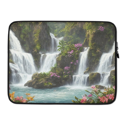 Wasserfall im Wald und Blumen - Schöne Malerei - Laptophülle camping xxx 15″