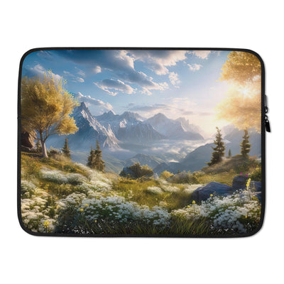 Berglandschaft mit Sonnenschein, Blumen und Bäumen - Malerei - Laptophülle berge xxx 15″