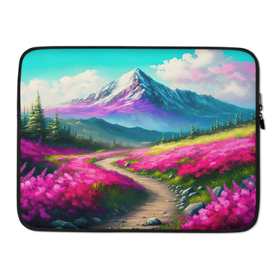 Berg, pinke Blumen und Wanderweg - Landschaftsmalerei - Laptophülle berge xxx 15″