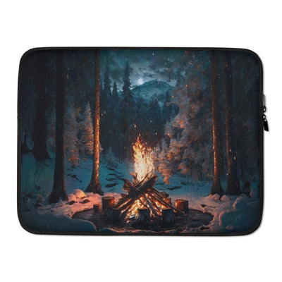 Lagerfeuer beim Camping - Wald mit Schneebedeckten Bäumen - Malerei - Laptophülle camping xxx 15″