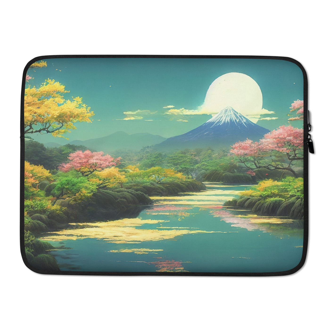 Berg, See und Wald mit pinken Bäumen - Landschaftsmalerei - Laptophülle berge xxx 15″