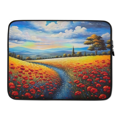 Feld mit roten Blumen und Berglandschaft - Landschaftsmalerei - Laptophülle berge xxx 15″