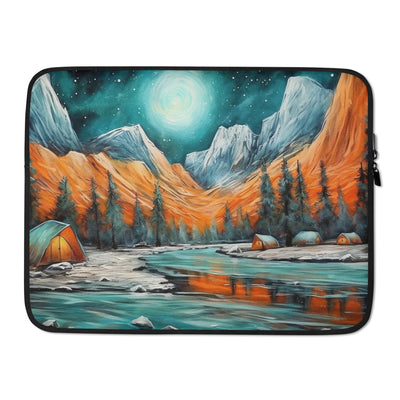 Berglandschaft und Zelte - Nachtstimmung - Landschaftsmalerei - Laptophülle camping xxx 15″