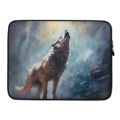 Heulender Wolf auf Berggipfel und Mond im Hintergrund – Abstrakte Malerei - Laptophülle camping xxx 15″