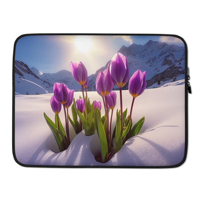 Tulpen im Schnee und in den Bergen - Blumen im Winter - Laptophülle berge xxx 15″