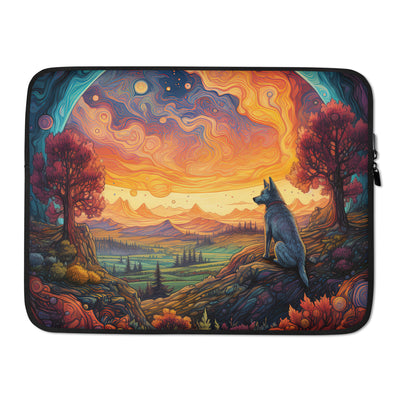 Hund auf Felsen - Epische bunte Landschaft - Malerei - Laptophülle camping xxx 15″