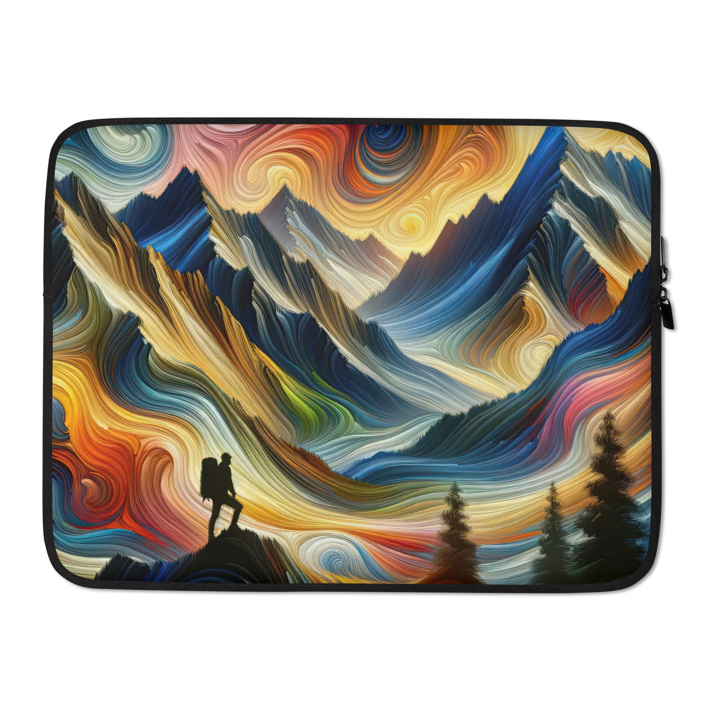 Abstraktes Kunstgemälde der Alpen mit wirbelnden, lebendigen Farben und dynamischen Mustern. Wanderer Silhouette - Laptophülle wandern xxx yyy zzz 15″