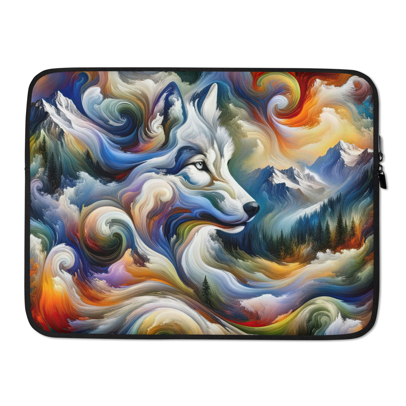 Abstraktes Alpen Gemälde: Wirbelnde Farben und Majestätischer Wolf, Silhouette (AN) - Laptophülle xxx yyy zzz 15″