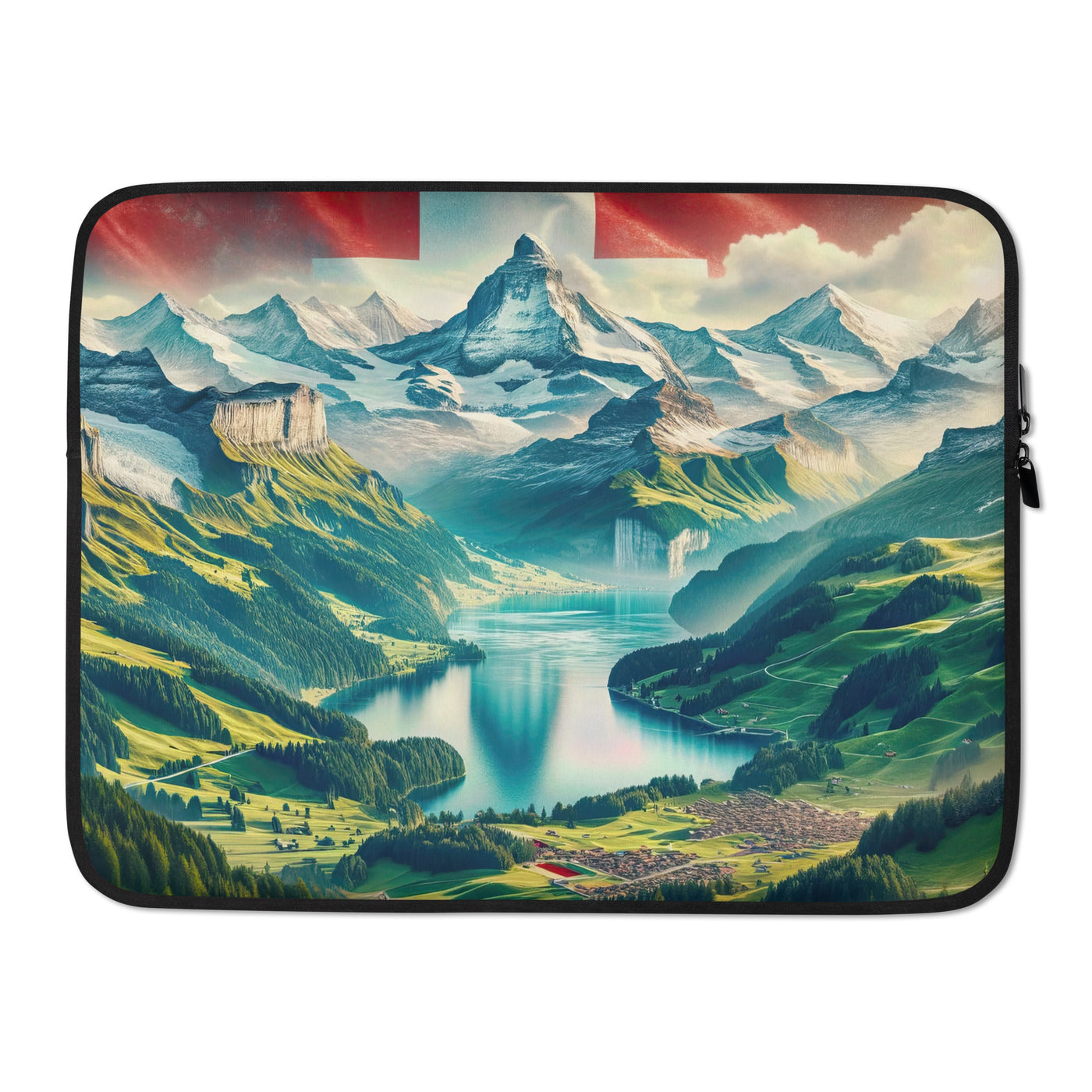 Berg Panorama: Schneeberge und Täler mit Schweizer Flagge - Laptophülle berge xxx yyy zzz 15″