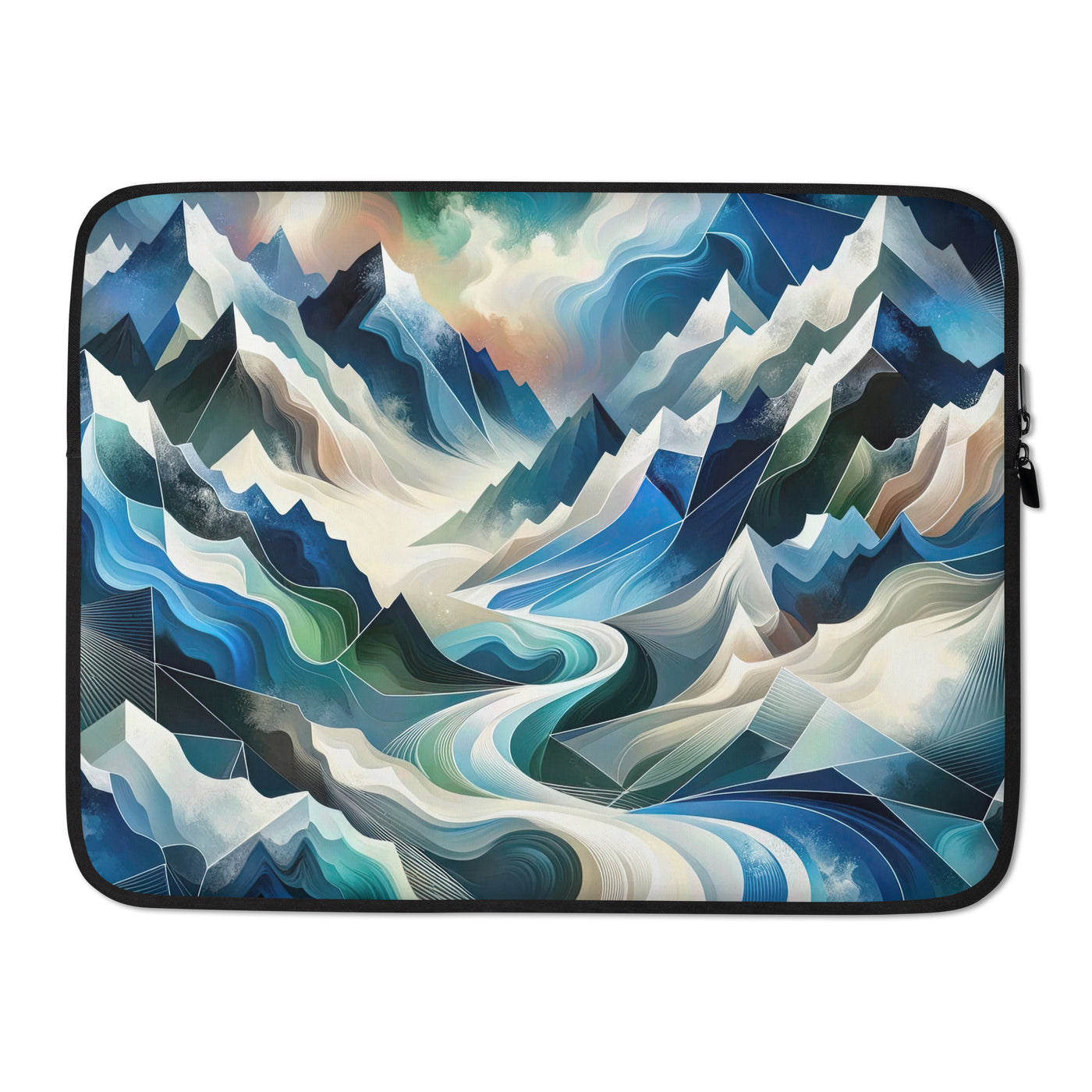 Abstrakte Kunst der Alpen, die geometrische Formen verbindet, um Berggipfel, Täler und Flüsse im Schnee darzustellen. . - Laptophülle berge xxx yyy zzz 15″