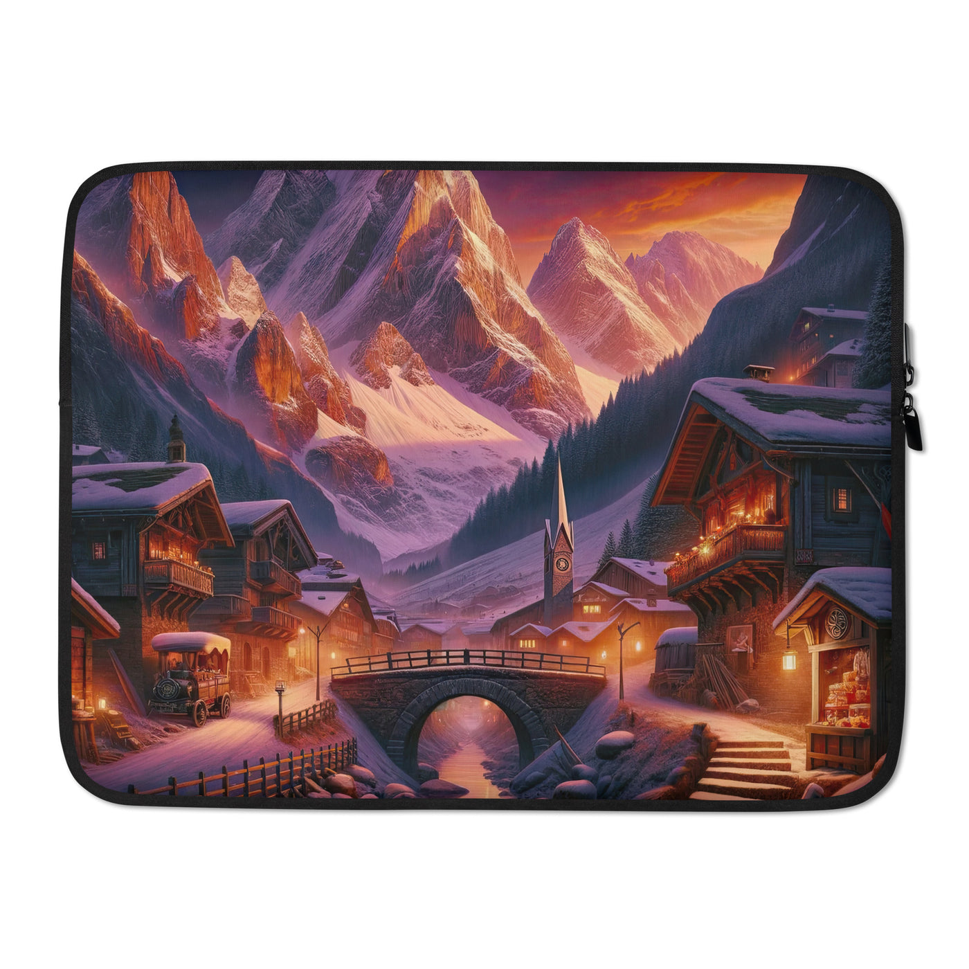 Magische Alpenstunde: Digitale Kunst mit warmem Himmelsschein über schneebedeckte Berge - Laptophülle berge xxx yyy zzz 15″