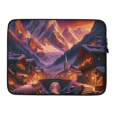 Magische Alpenstunde: Digitale Kunst mit warmem Himmelsschein über schneebedeckte Berge - Laptophülle berge xxx yyy zzz 15″