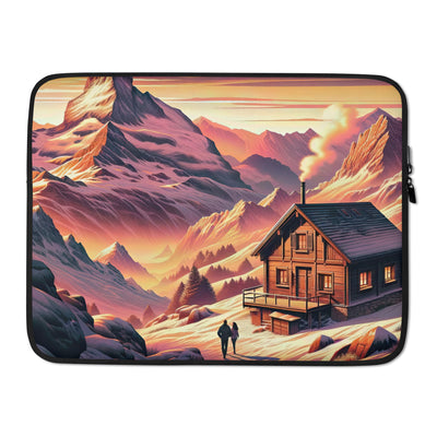 Berghütte im goldenen Sonnenuntergang: Digitale Alpenillustration - Laptophülle berge xxx yyy zzz 15″