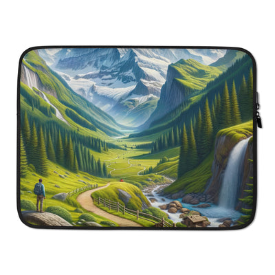 Wanderer in den Bergen und Wald: Digitale Malerei mit grünen kurvenreichen Pfaden - Laptophülle wandern xxx yyy zzz 15″