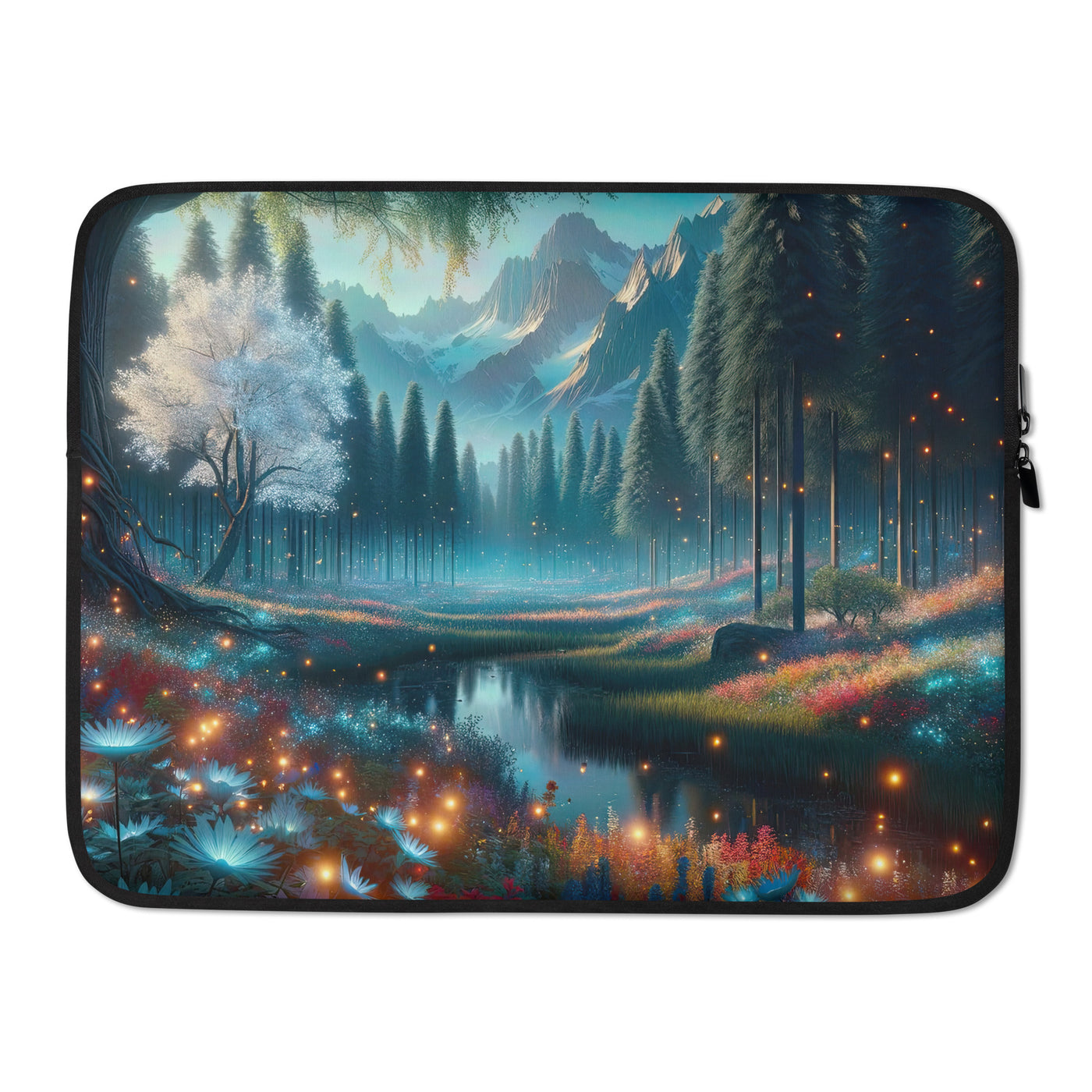 Ätherischer Alpenwald: Digitale Darstellung mit leuchtenden Bäumen und Blumen - Laptophülle camping xxx yyy zzz 15″
