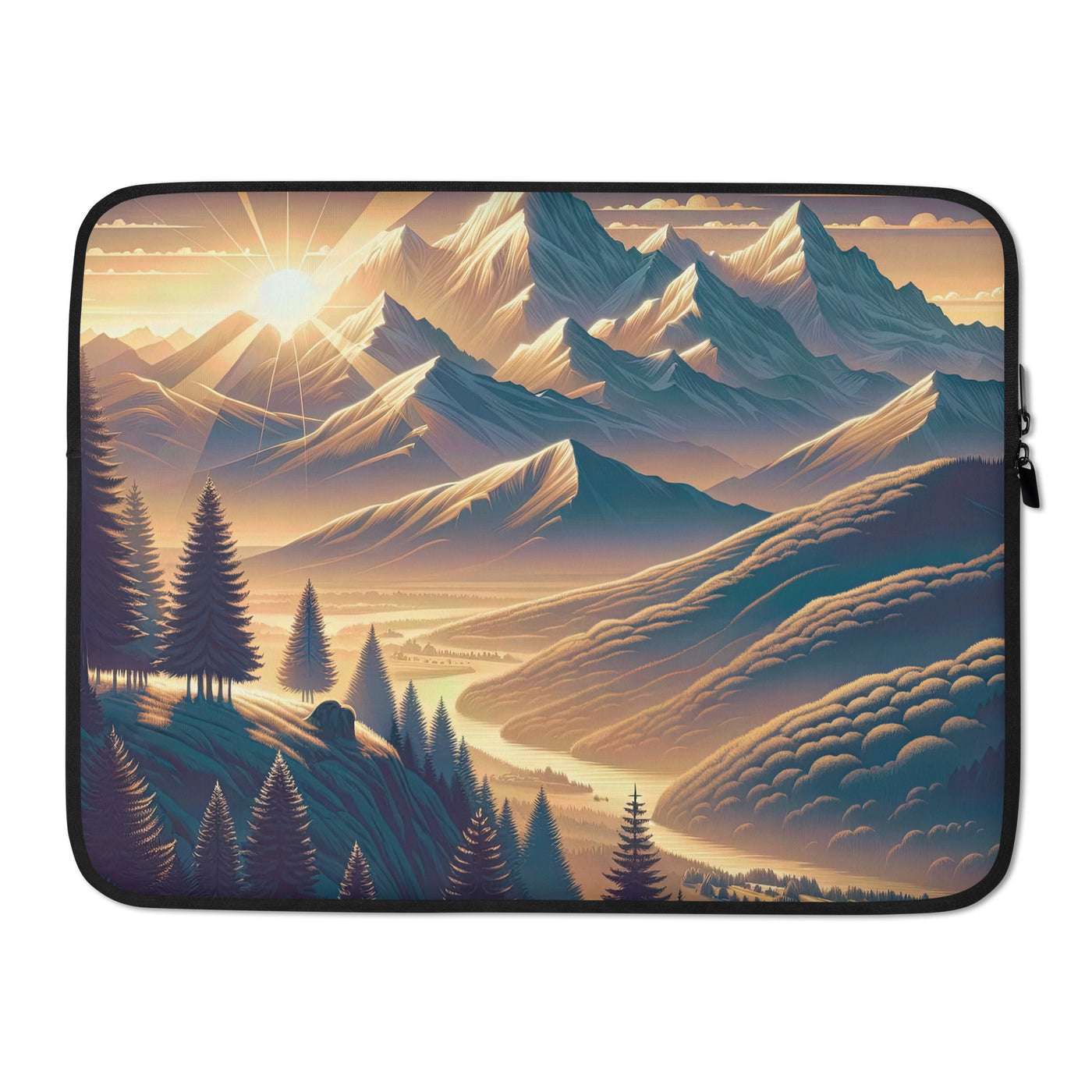 Alpen-Morgendämmerung, erste Sonnenstrahlen auf Schneegipfeln - Laptophülle berge xxx yyy zzz 15″
