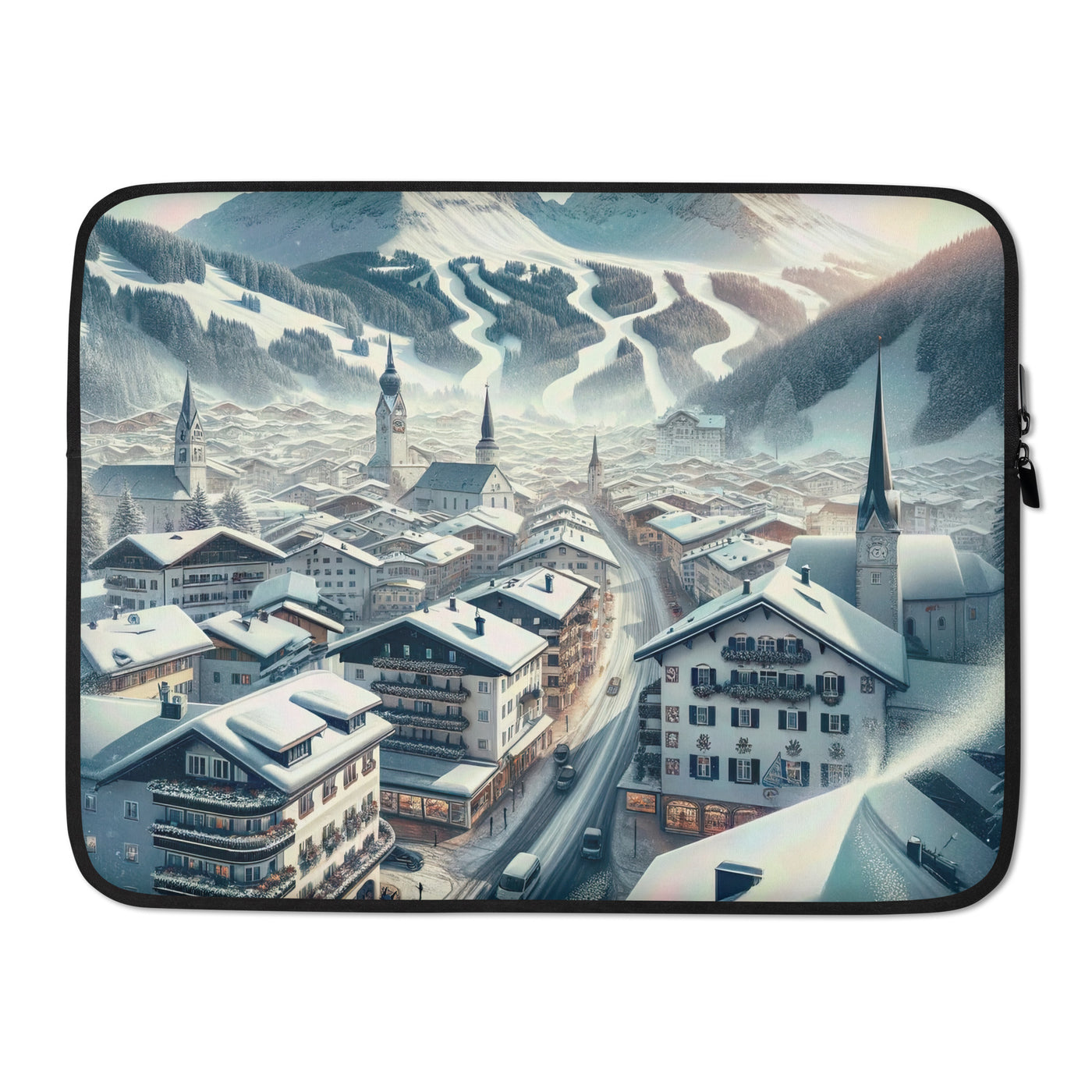 Winter in Kitzbühel: Digitale Malerei von schneebedeckten Dächern - Laptophülle berge xxx yyy zzz 15″