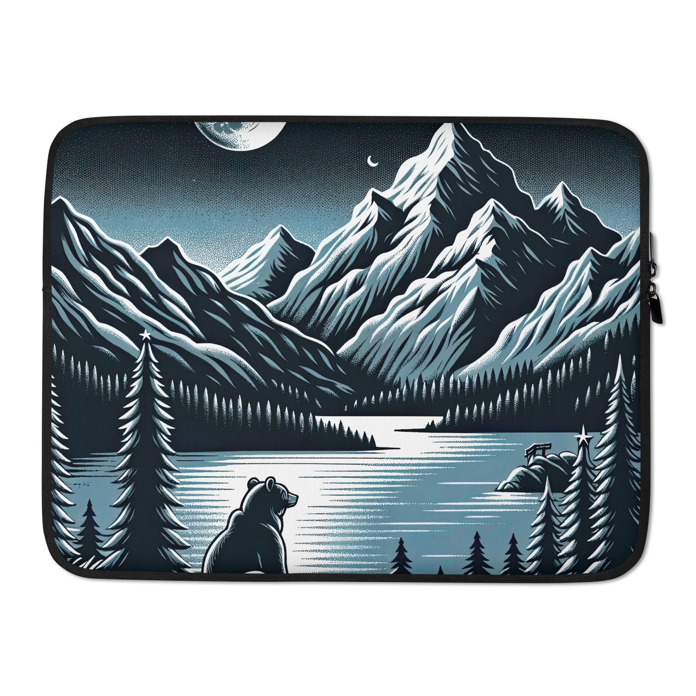 Bär in Alpen-Mondnacht, silberne Berge, schimmernde Seen - Laptophülle camping xxx yyy zzz 15″