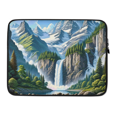 Illustration einer unberührten Alpenkulisse im Hochsommer. Wasserfall und See - Laptophülle berge xxx yyy zzz 15″