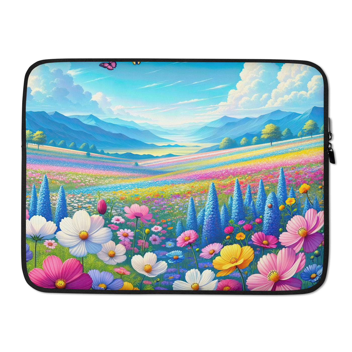 Weitläufiges Blumenfeld unter himmelblauem Himmel, leuchtende Flora - Laptophülle camping xxx yyy zzz 15″