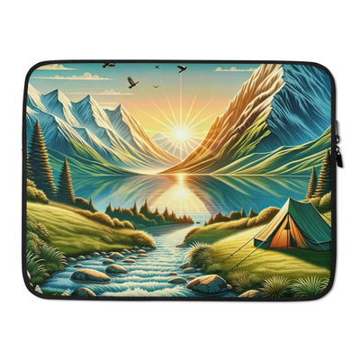 Zelt im Alpenmorgen mit goldenem Licht, Schneebergen und unberührten Seen - Laptophülle berge xxx yyy zzz 15″