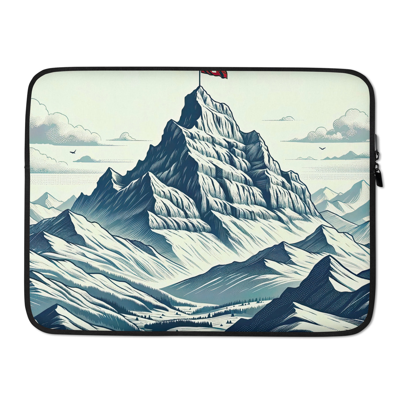 Ausgedehnte Bergkette mit dominierendem Gipfel und wehender Schweizer Flagge - Laptophülle berge xxx yyy zzz 15″