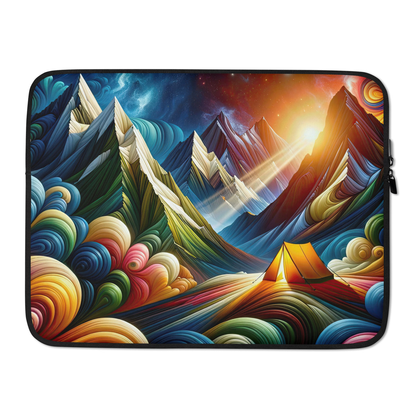 Abstrakte Bergwelt in lebendigen Farben mit Zelt - Laptophülle camping xxx yyy zzz 15″