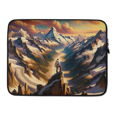 Ölgemälde eines Wanderers auf einem Hügel mit Panoramablick auf schneebedeckte Alpen und goldenen Himmel - Laptophülle wandern xxx yyy zzz 15″