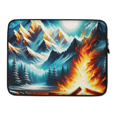 Ölgemälde von Feuer und Eis: Lagerfeuer und Alpen im Kontrast, warme Flammen - Laptophülle camping xxx yyy zzz 15″