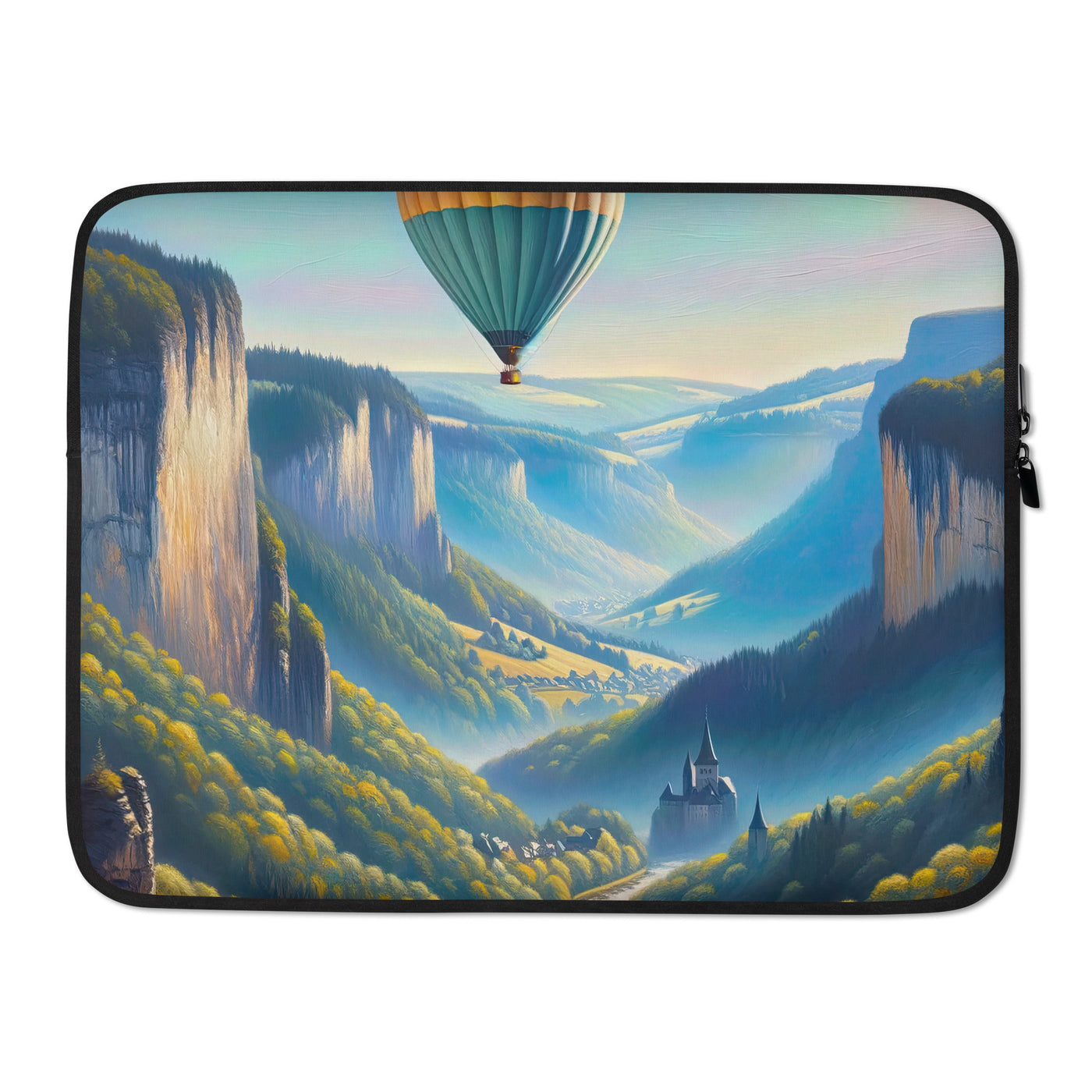Ölgemälde einer ruhigen Szene in Luxemburg mit Heißluftballon und blauem Himmel - Laptophülle berge xxx yyy zzz 15″