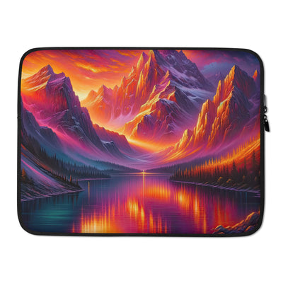 Ölgemälde eines Bootes auf einem Bergsee bei Sonnenuntergang, lebendige Orange-Lila Töne - Laptophülle berge xxx yyy zzz 15″