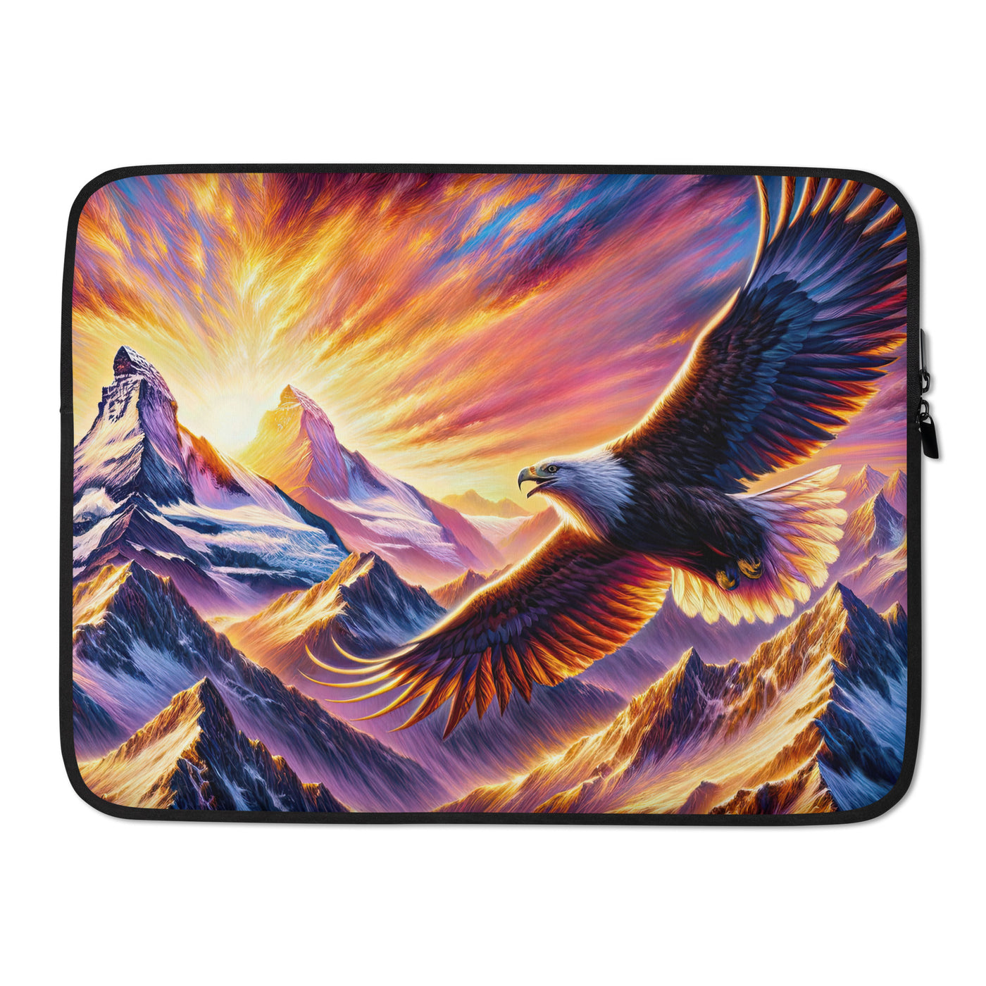 Ölgemälde eines Adlers im Sonnenaufgang der Alpen, gold-rosa beleuchtete Gipfel - Laptophülle berge xxx yyy zzz 15″