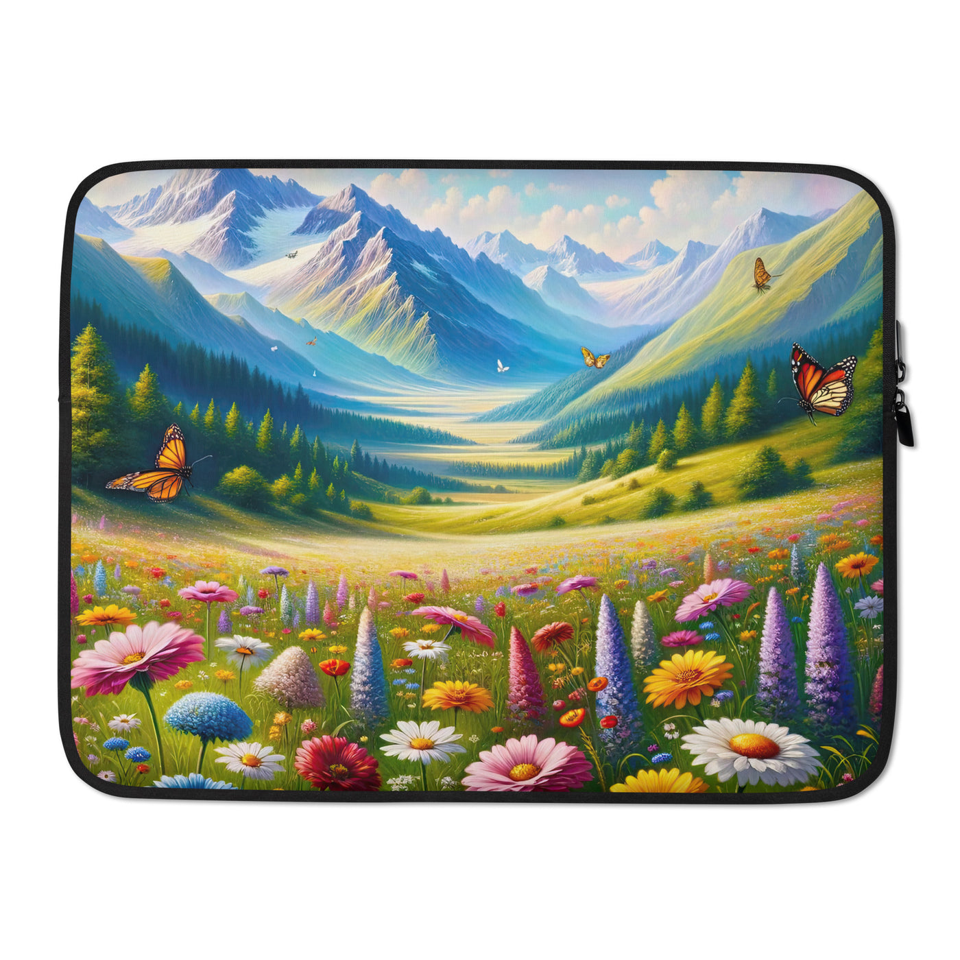 Ölgemälde einer ruhigen Almwiese, Oase mit bunter Wildblumenpracht - Laptophülle camping xxx yyy zzz 15″
