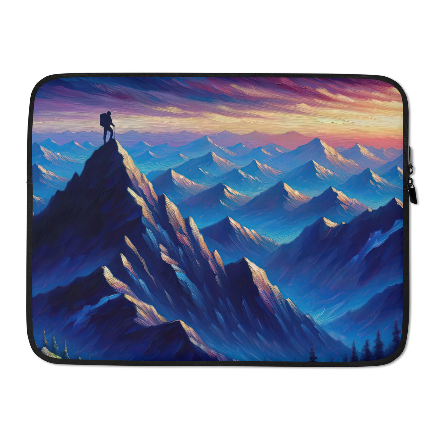 Ölgemälde eines ruhigen Alpenabends mit Bergsteigersilhouette auf dem Gipfel - Laptophülle wandern xxx yyy zzz 15″