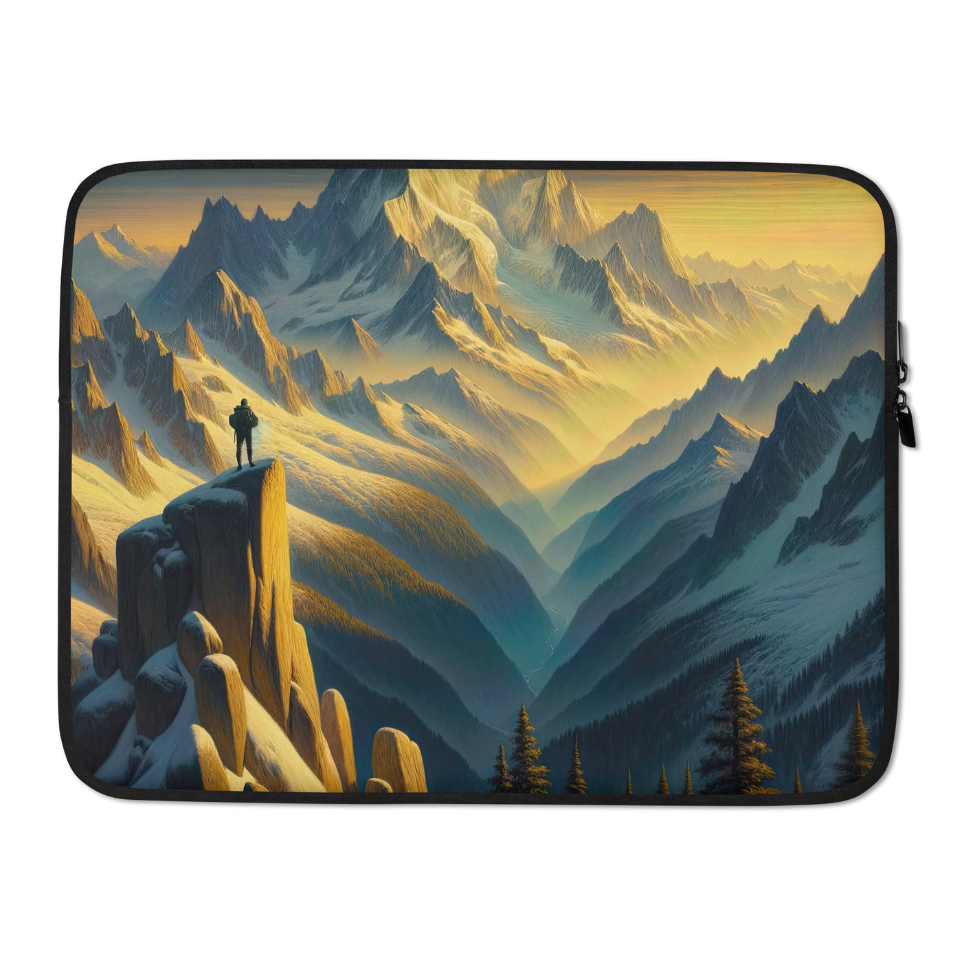 Ölgemälde eines Wanderers bei Morgendämmerung auf Alpengipfeln mit goldenem Sonnenlicht - Laptophülle wandern xxx yyy zzz 15″