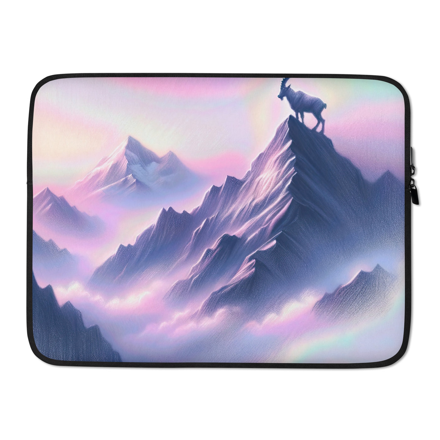 Pastellzeichnung der Alpen im Morgengrauen mit Steinbock in Rosa- und Lavendeltönen - Laptophülle berge xxx yyy zzz 15″