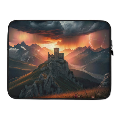 Foto einer Alpenburg bei stürmischem Sonnenuntergang, dramatische Wolken und Sonnenstrahlen - Laptophülle berge xxx yyy zzz 15″