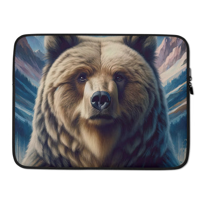 Foto eines Bären vor abstrakt gemalten Alpenbergen, Oberkörper im Fokus - Laptophülle camping xxx yyy zzz 15″