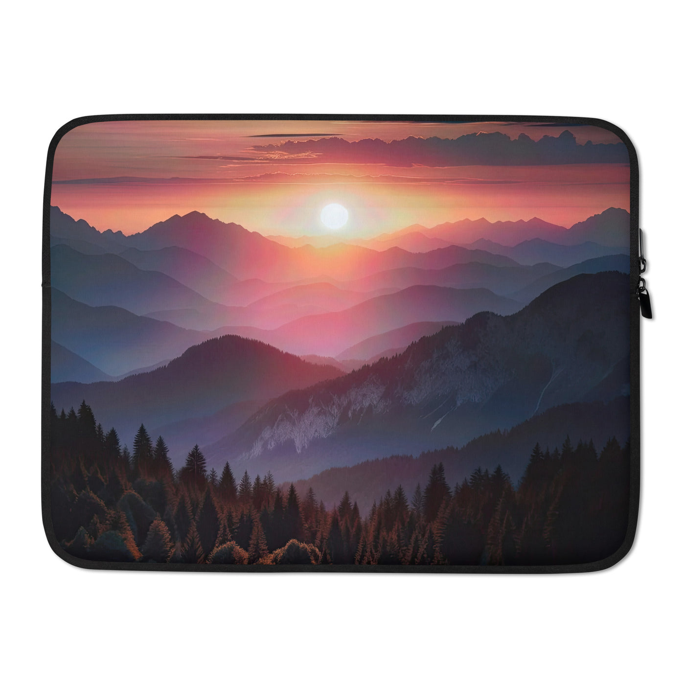Foto der Alpenwildnis beim Sonnenuntergang, Himmel in warmen Orange-Tönen - Laptophülle berge xxx yyy zzz 15″