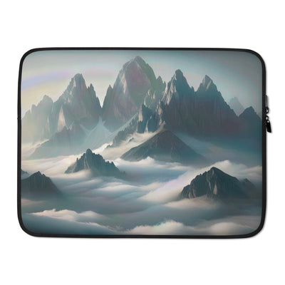 Foto eines nebligen Alpenmorgens, scharfe Gipfel ragen aus dem Nebel - Laptophülle berge xxx yyy zzz 15″