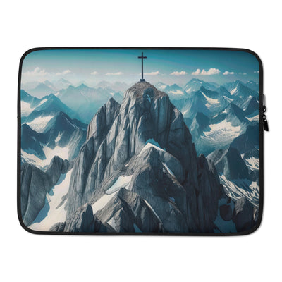 Foto der Alpen mit Gipfelkreuz an einem klaren Tag, schneebedeckte Spitzen vor blauem Himmel - Laptophülle berge xxx yyy zzz 15″