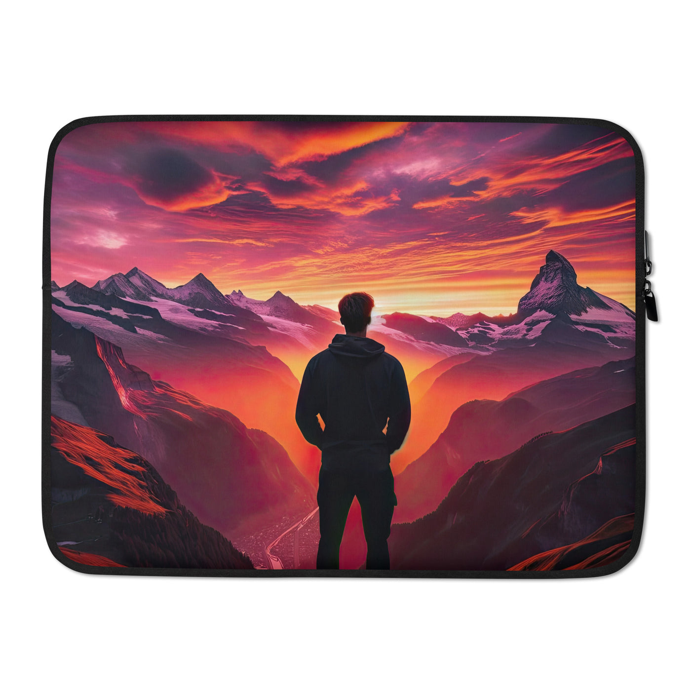 Foto der Schweizer Alpen im Sonnenuntergang, Himmel in surreal glänzenden Farbtönen - Laptophülle wandern xxx yyy zzz 15″